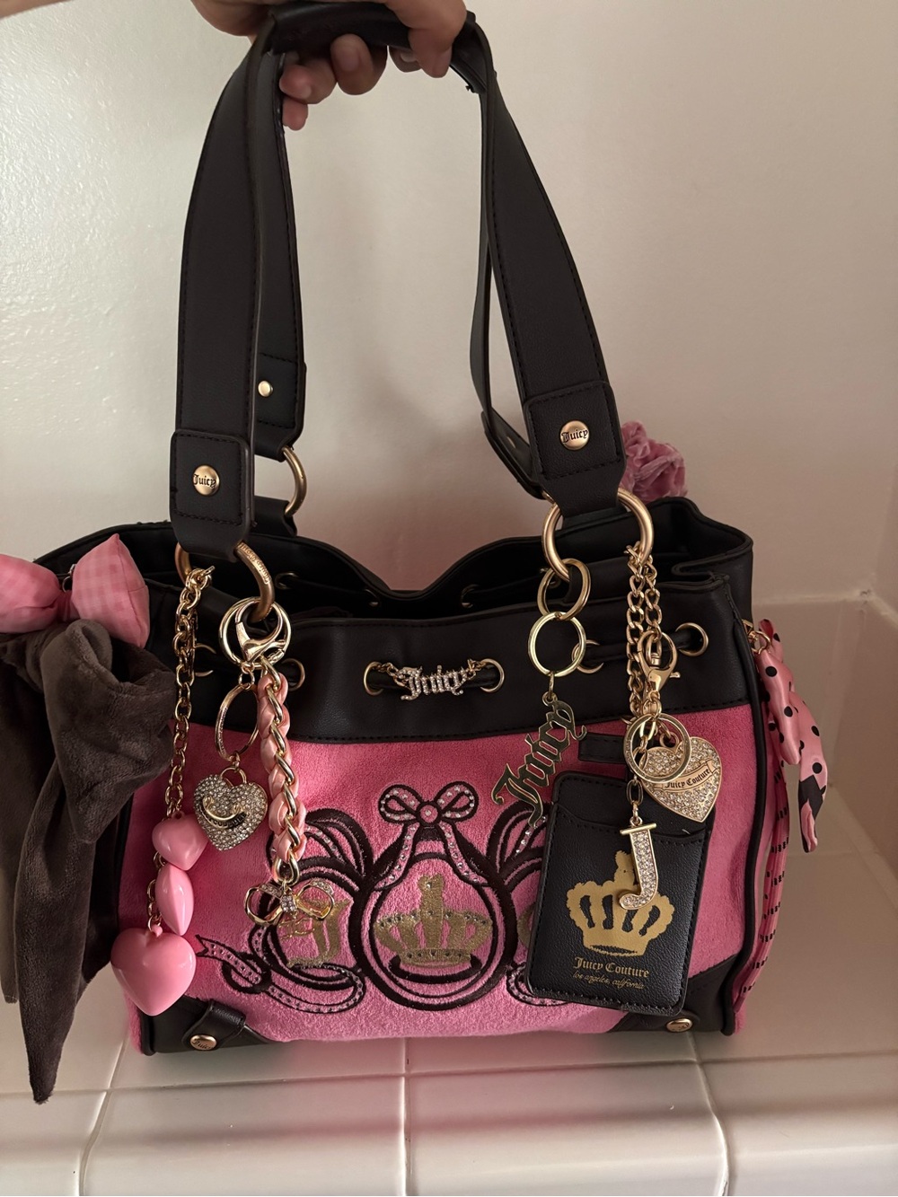 Juicy Couture Pink and Black Embellished Shoulder Tote with Gold Accents